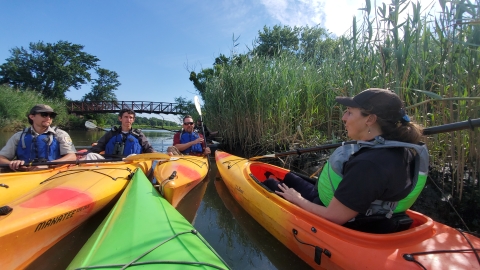 four people floating side by side on a marsh waterway. The people are wearing lifejackets. A bridge can be seen off in the distance
