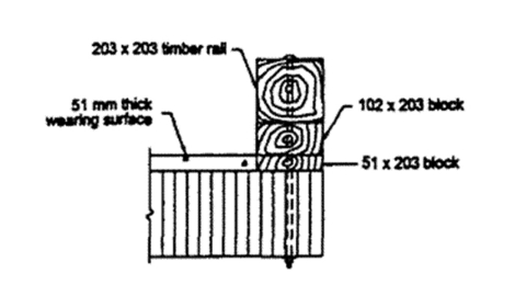 Diagram showing curb-type bridge railing, with surface of bridge and timber rail