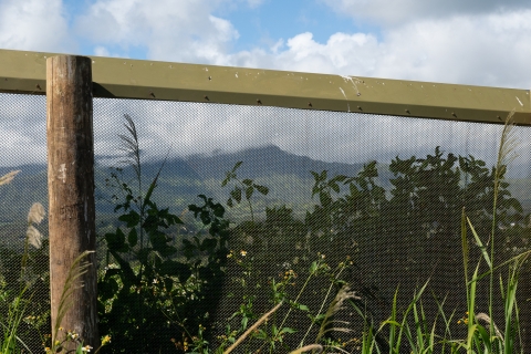 A close up of a fence with a hooded top and a long vertical post. The fence has a very small mesh which you can see though. Behind the fence is a lot of greenery and an mountain in the distance. 
