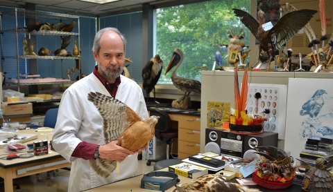 a man standing in a room holding a stuffed bird