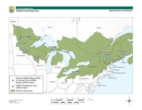 Map of a section of states including Minnesota, Wisconsin, Michigan, Ohio, Pennsylvania, New York, Connecticut, Massachusetts, Vermont and New Hampshire with an area noted in green that spans this geography. State and federally managed conservation areas are noted that are receiving federal funds through the Inflation Reduction Act. For more information, please contact 517-351-4213.