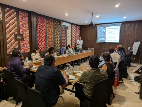 People sit around a U-shaped table listening to a presentation in a conference room that has colored fabric hung along the walls.