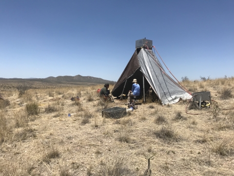 Image of 2 researchers under a tent-like structure with equipment in a dry grassland