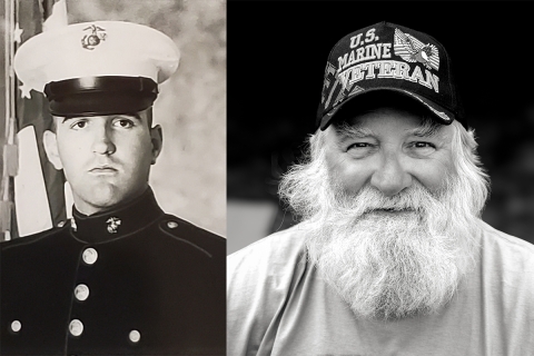 Two images showing a young man in a Marines uniform on the left and the same man with a white beard and US Marine Veteran hat on the right