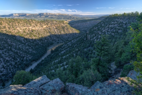 Aerial image of a landscape of plains and hills covered in trees and a river running through the center