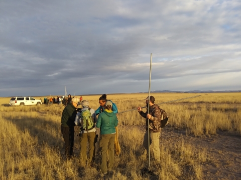 Researchers and volunteers stand in a grassland