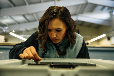 A technician sorts eggs in a lab
