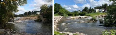 A scenic view of a river flowing with a waterfall amidst lush greenery, surrounded by trees and rocky banks under a sky dotted with clouds.