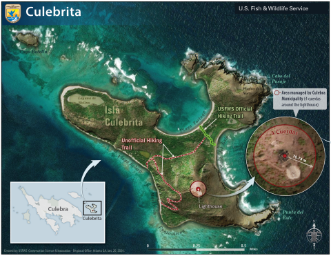 Map of Culebrita Island highlighting the official USFWS hiking trail alongside an unofficial hiking trail, creating an inviting exploration opportunity for the public to enjoy the island's natural beauty.