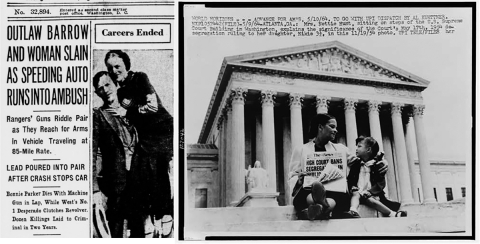 Composite image of two newspaper headlines; left: Outlaws Bonnie and Clyde killed fleeing from authorities; right: Mrs. Nettie Hunt and daughter Nikie on the steps of the Supreme Court