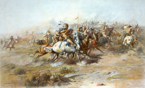 Digital scan of a full-color Lithograph showing the Battle of Little Bighorn