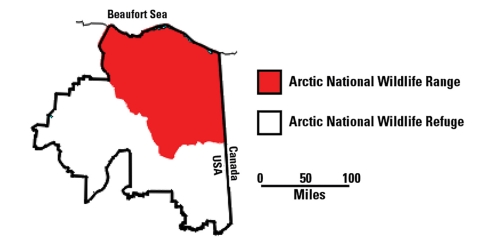 map showing original Arctic National Wildlife Range covers the northern central and eastern half of the present Arctic National Wildlife Refuge