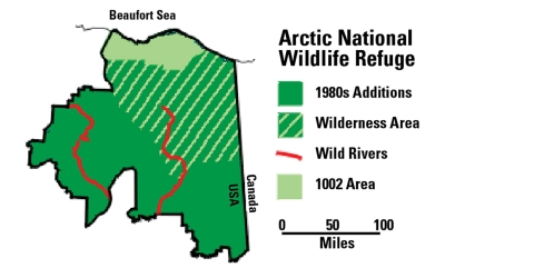 Map of Arctic Refuge showing the 1002 Area along the northern coast, designated wilderness in the middle third, and the lands added throughout the 1980s along the bottom third. Also three lines along the southern portion indicate location of designated Wild Rivers.