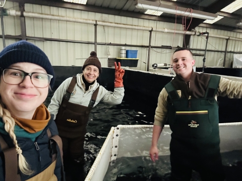 Three people in waders standing in water.