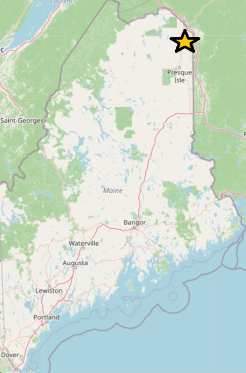 Map of Maine with a star in the top right to denote Aroostook National Wildlife Refuge.
