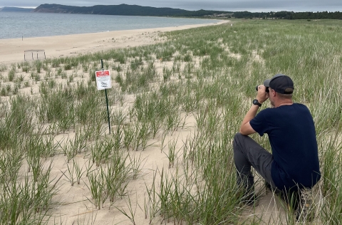 A man crouches among beach grass looking toward the shoreline through binoculars.