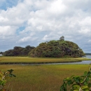 Blue water ripples through tall marsh grass. In the foreground there is a Gooseberry Island covered in trees. In the background is a small pier with docked boats.