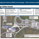 An aerial photo of the La Crosse District Visitor Center with labels sharing the location of event activities for the 100th Anniversary Celebration June 2024