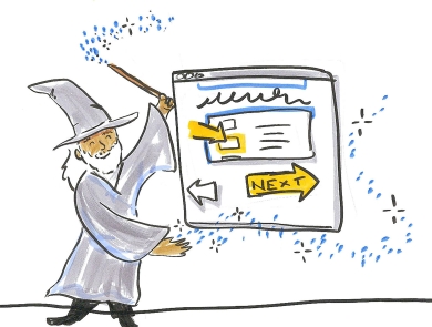 cartoon of a tan wizard with a white beard and long white hair gesturing to a web page with arrows pointing to different boxes