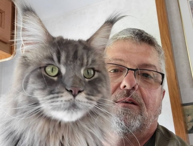Man and gray cat take picture together.