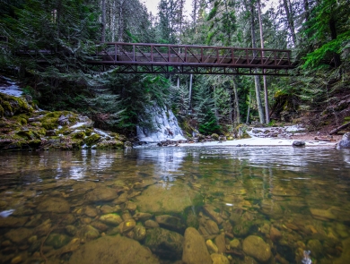 Myrtle Creek flows under a bridge